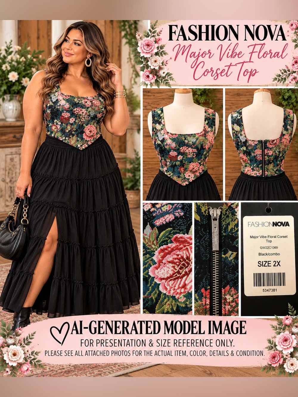 Fashion Nova Major Vibe Floral Corset Top Black Combo 2X NWT